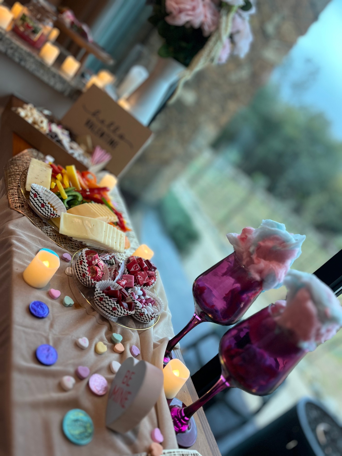 Valentine's charcuterie & cotton-candy cocktail table