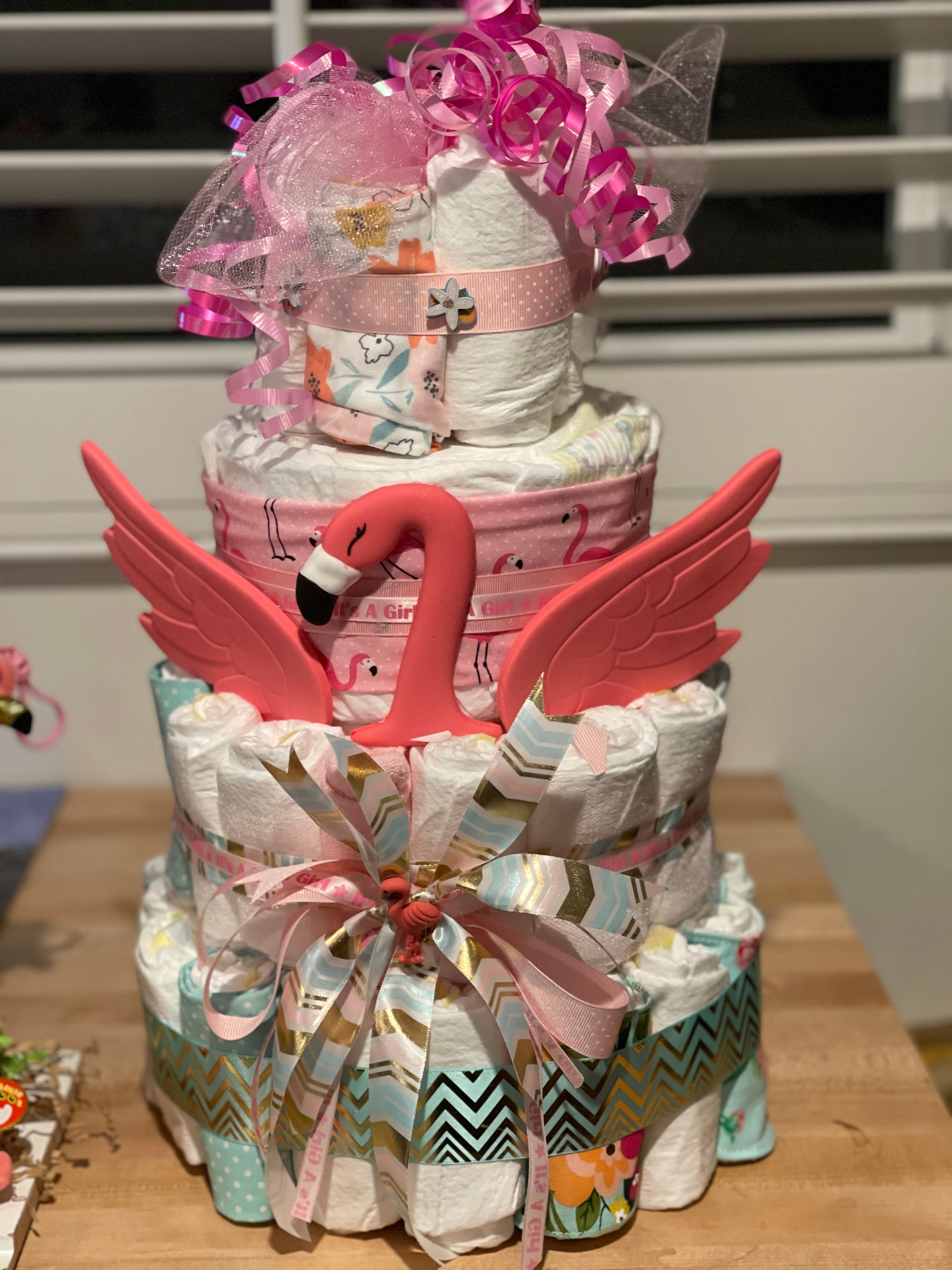 Flamingo "It's a Girl" tiered diaper cake