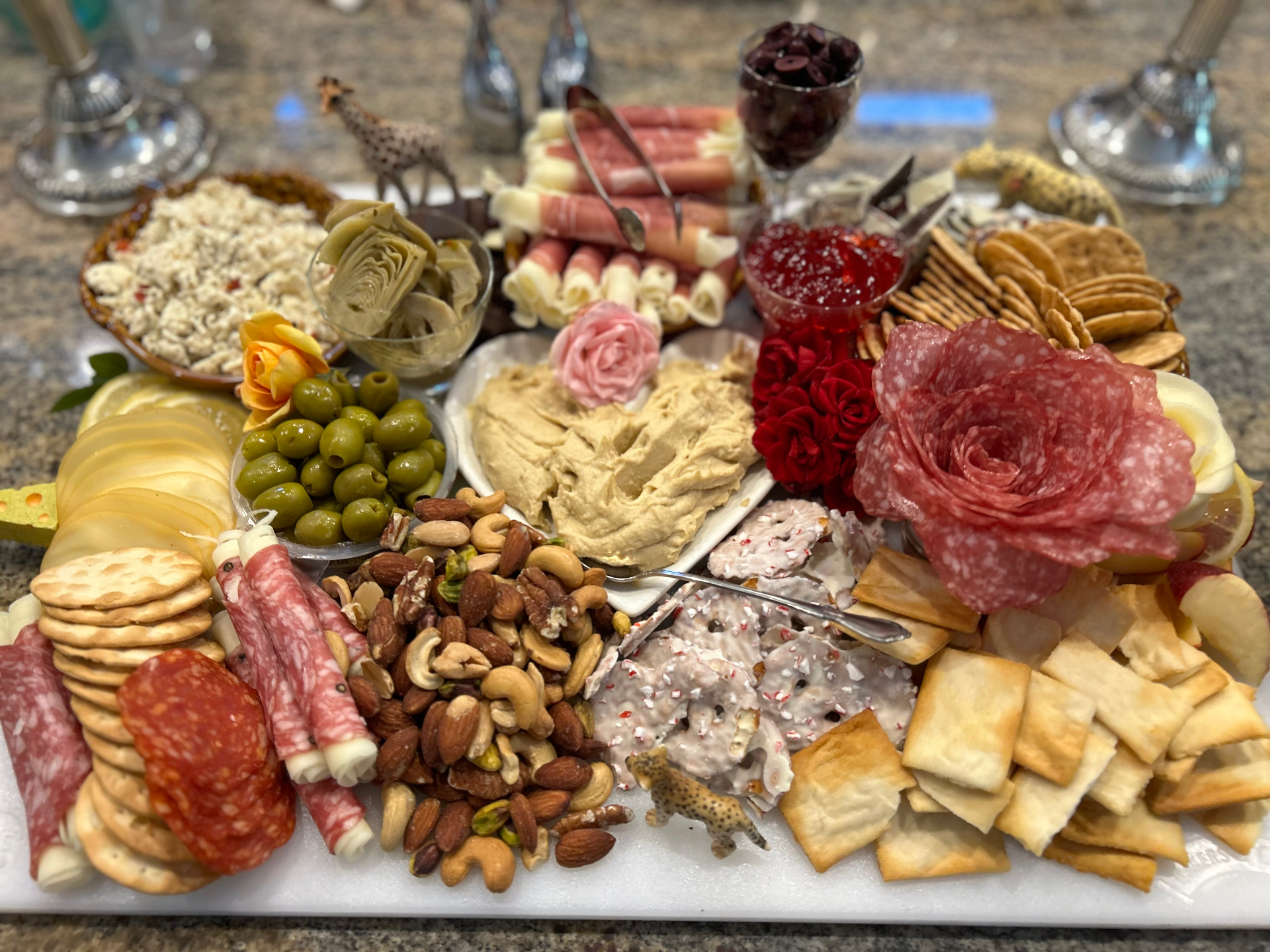 Grazing board with salami rose & floral accents