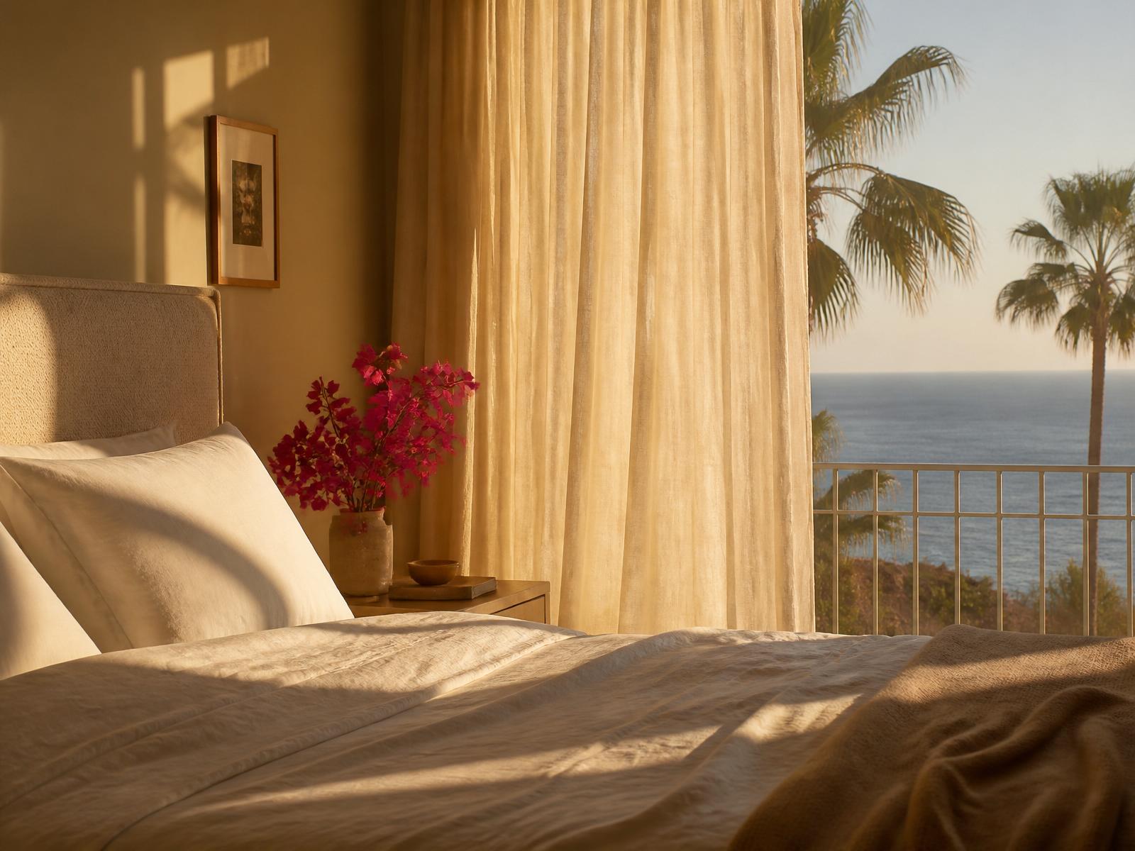 Sunlit coastal bedroom with bougainvillea and ocean view